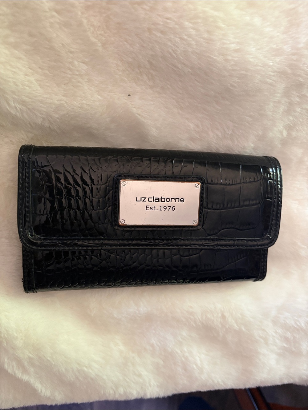 Liz Claiborne Black Croc-Embossed Continental Wallet with Metal Plate